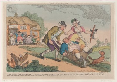Doktor Drainbarrel bragt hjem for at tage sin retssag for forsømmelse af Fa..., 30. november 1810. af Thomas Rowlandson