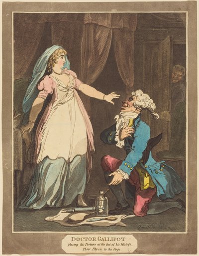 Doktor Gallipot lægger sin formue for sin elskedes fødder af Thomas Rowlandson