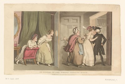 Doctor Syntax bliver ført gennem en dør af to kvinder af Thomas Rowlandson
