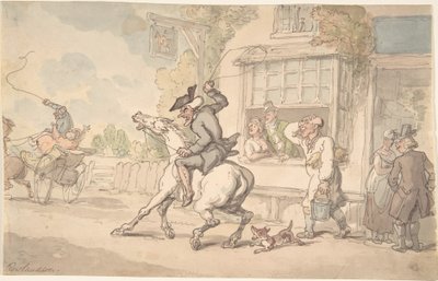 Dr. Syntax med en genstridig hest foran en kro af Thomas Rowlandson