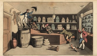 Beruset Johnny forfulgt af nattevagter i en købmandsbutik, der var ved at falde ned i en tønde smør. Håndfarvet kobberstik af W. Læst efter en illustration af Thomas Rowlandson fra Alfred Burtons The Adventures of Johnny Newcombe in the Navy, Si af Thomas Rowlandson