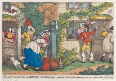 Dying for Love, eller Kaptajn Careless, skudt flyvende af en pige på femten, der uventet popper..., 1810. af Thomas Rowlandson