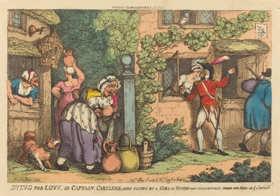 Dying for Love, eller kaptajn Careless skudt fløjet af en pige på femten, som uventet sprang sit hoved ud af en kasse af Thomas Rowlandson