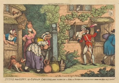 »Døden for kærlighed«, eller »Kaptajn Careless blev skudt ned af en femtenårig pige, der uventet stak hovedet ud af et vindue« af Thomas Rowlandson