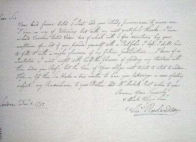 Tidligst kendte brev fra kunstneren til en Mr. Downs, en potentiel protektor, 8. december 1797 (pen og blæk på papir) af Thomas Rowlandson