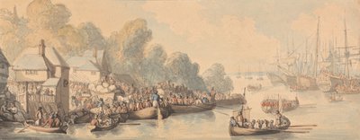 Ombordstigning i Southampton, 20. juni 1794 (akvarel og pen og brunt, gråt og rødbrunt blæk over grafit på medium, let struktureret, cremevævet papir) af Thomas Rowlandson