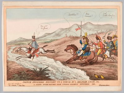 Engelske manerer og fransk forsigtighed eller franske dragoner bragt til check ved Belvoir-spring september 1811 (gravering, farvet) af Thomas Rowlandson