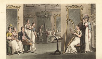 Engelsk herre og damer lytter til en harpist ved et bal af Thomas Rowlandson