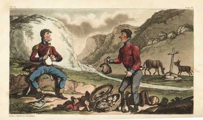 Fænrik Johnny Newcome og hans Subaltern spiser morgenmad med skinke, oksekød, kiks og brandy i en vejkant i Portugal. Håndfarvet kobberstik tegnet og ætset af Thomas Rowlandson fra oberst David Roberts