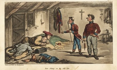 Fænrik Johnny Newcome faldt med dysenteri i sin billet i Medina, Spanien. Håndfarvet kobberstik tegnet og ætset af Thomas Rowlandson fra oberst David Roberts