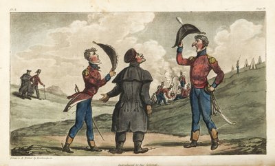 Fænrik Johnny Newcome introduceret til obersten i sit regiment før slaget ved Salamanca. Håndfarvet kobberstik tegnet og ætset af Thomas Rowlandson fra oberst David Roberts