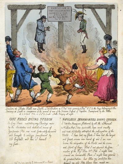 Henrettelsen af to berømte fjender af det gamle England, Guy Fawkes og Napoleon Buonaparte - deres sidste tale i galgen. 1813. Stik. af Thomas Rowlandson