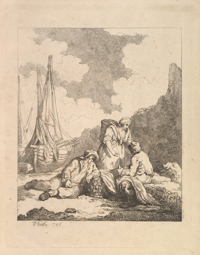 Fiskere ved kysten - Kystscene med en mand siddende på jorden hvilende en albue o..., 1786. af Thomas Rowlandson