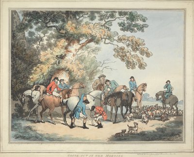 Rævejagt [serie på seks]: 1. Afgang om morgenen af Thomas Rowlandson