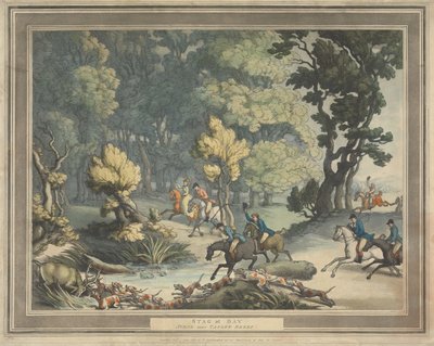 Rævejagt [sæt med fire]:  2.  Hjort i knibe. / Scene nær Taplow, Berks af Thomas Rowlandson