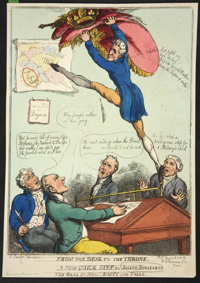 Fra skrivebordet til tronen. Et nyt hurtigt skridt af Joseph Bonaparte. The Bass af Mrs Nappy and Talley, pub. 1808 (håndfarvet gravering) af Thomas Rowlandson