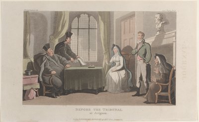 Frontispice: Before the Tribunal at Avignon, fra Journal of Sentimental Travels in the ..., 1821. af Thomas Rowlandson