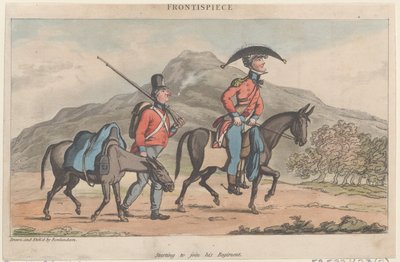 Frontispice: Begynder at slutte sig til hans regiment, fra The Military Adventures of Johnny Newco..., 1815. af Thomas Rowlandson