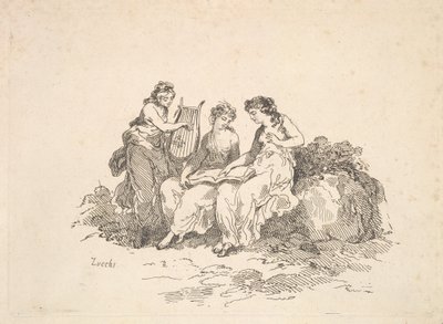 Harmony - Two Nymphs Singing, Another Playing a Lyre, 1784-88. af Thomas Rowlandson