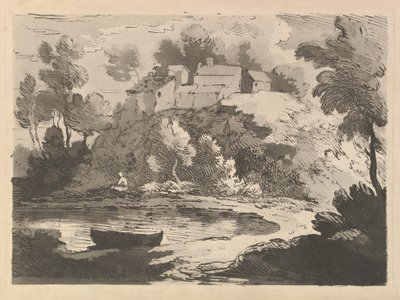 Bakket flodlandskab, en båd i vandet i forgrunden til venstre, en figur på den fjerne kyst..., 1783-84. af Thomas Rowlandson