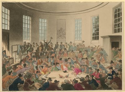 Illustration, der viser en menneskemængde, der ser en hanekamp af Thomas Rowlandson