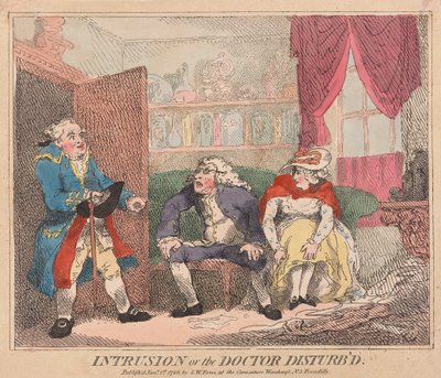 Intrusion or the Doctor Disturbd, pub. 1786 (håndfarvet gravering) af Thomas Rowlandson