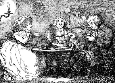 James Boswell, hans kone, og Dr. Johnson til te i Edinburgh, 1773, 1786 af Thomas Rowlandson