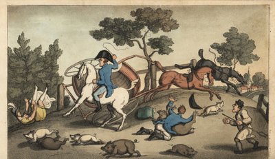 Johnny and a Lady styrter en koncert i en flok svin. Håndfarvet kobberstik af W. Læst efter en illustration af Thomas Rowlandson fra Alfred Burtons The Adventures of Johnny Newcombe in the Navy, Simpkin, London af Thomas Rowlandson