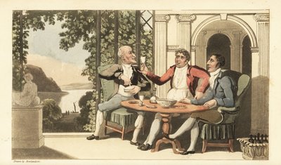Johnny og venner drikker og synger på en terrasse med udsigt over Themsen. Håndfarvet kobberstik af Thomas Rowlandson fra William Combes The History of Johnny Quae Genus, the Little Foundling of the late Doctor Syntax. af Thomas Rowlandson
