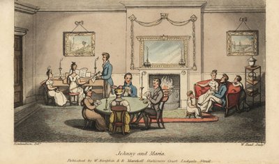 Johnny frier til Maria i en stue, mens andre spiller kort og synger sange foran ildstedet. Håndfarvet kobberstik af W. Læst efter en illustration af Thomas Rowlandson fra Alfred Burtons The Adventures of Johnny Newcombe in the Navy, Si af Thomas Rowlandson