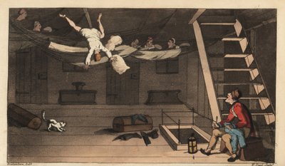 Johnny falder ud af sin hængekøje i sin kahyt. Håndfarvet kobberstik af W. Læst efter en illustration af Thomas Rowlandson fra Alfred Burtons The Adventures of Johnny Newcombe in the Navy, Simpkin, London af Thomas Rowlandson