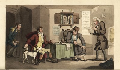 Johnny i tjeneste for pengeudlåneren Jacob Levi. Håndfarvet kobberstik af Thomas Rowlandson fra William Combes The History of Johnny Quae Genus, the Little Foundling of the late Doctor Syntax. af Thomas Rowlandson