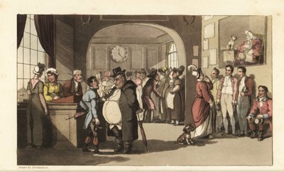Johnny søger arbejde på et registreringskontor for hushjælp. Mænd og kvinder med monokler undersøger portører, stuepiger og andet personale. Håndfarvet kobberstik af Thomas Rowlandson fra William Combes The History of Johnny Quae Genus, the Lit af Thomas Rowlandson