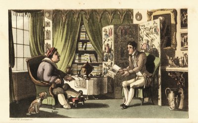 Johnny læser for Sir Jeffery Gourmand i sit arbejdsværelse. Håndfarvet kobberstik af Thomas Rowlandson fra William Combes The History of Johnny Quae Genus, the Little Foundling of the late Doctor Syntax. af Thomas Rowlandson