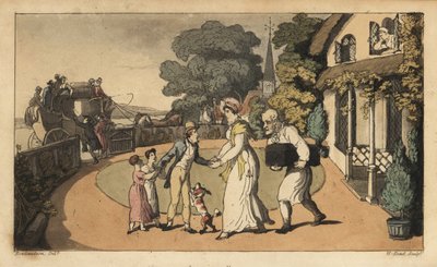 Johnny siger farvel til sin mor og søstre, da han tager til Royal Navy på en diligence. Håndfarvet kobberstik af W. Læst efter en illustration af Thomas Rowlandson fra Alfred Burtons The Adventures of Johnny Newcombe in the Navy, Si af Thomas Rowlandson