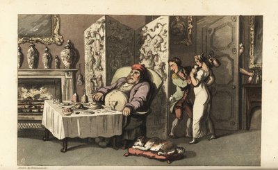 Johnny sniger tjenestepigen Molly et glas vin i stuen, mens Sir Jeffery Gourmand sover ved spisebordet. Næsten fanget af en anden tjener ved døren. Håndfarvet kobberstik af Thomas Rowlandson fra William Combes The History of John af Thomas Rowlandson