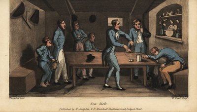 Johnny kaster op i en spand i kahytten, mens hans skib sætter sejl. En anden betjent foreslår et middel med saltvand og et stykke saltflæsk på en snor. Håndfarvet kobberstik af W. Læst efter en illustration af Thomas Rowlandson fra Alfred Burto af Thomas Rowlandson