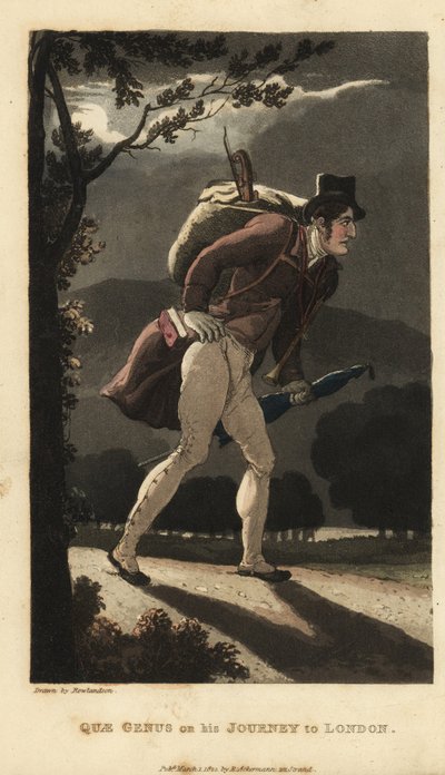 Johnny går på den måneskinne vej til London. Han har en rygsæk med violin, en bog i frakkelommen og har en paraply. Håndfarvet kobberstik af Thomas Rowlandson fra William Combes The History of Johnny Quae Genus, the Little Found af Thomas Rowlandson