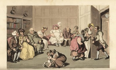 Johnny med andre patienter i kvaksalverdoktor Anodynes venteværelse. Håndfarvet kobberstik af Thomas Rowlandson fra William Combes The History of Johnny Quae Genus, the Little Foundling of the late Doctor Syntax. af Thomas Rowlandson
