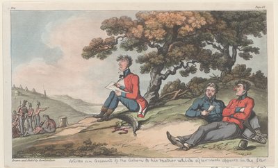 Johnny skriver en beretning om handlingen til sin mor, som efterfølgende dukker op i Star..., 1815. af Thomas Rowlandson