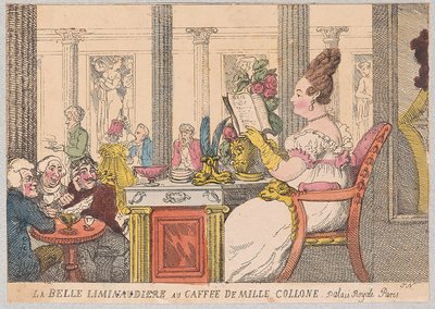 La Belle Liminaudiere på Café de Mille Colonne, Palais Royal, Paris, pub. 1814 (håndfarvet gravering) af Thomas Rowlandson