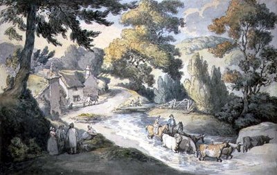 Landskab med kvæg, der springer en strøm af Thomas Rowlandson