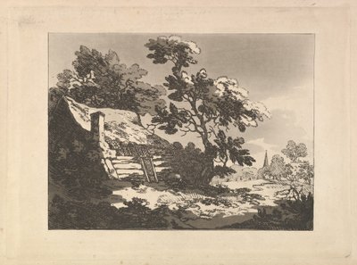 Landskab med en hytte blandt træerne til venstre og et kirkespir i det fjerne til højre af Thomas Rowlandson