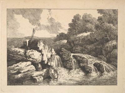 Landskab med to fiskere, der klatrer på klipper ved siden af et vandfald, 1784-88. af Thomas Rowlandson