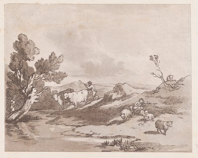 Landskab med en Skikkelse, der vogter Kvæg til Vand, 21. Maj 1789., 21. Maj 1789. af Thomas Rowlandson