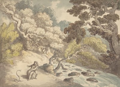 Landskab med brusende å og et par på bredden, skræmt af en slange, 1775-1827. af Thomas Rowlandson