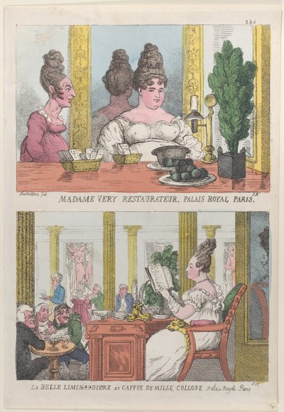 Madame Very Restauranteur, Palais Royal Paris og La Belle Liminaudiere på Caffee De Mille..., 1814. af Thomas Rowlandson