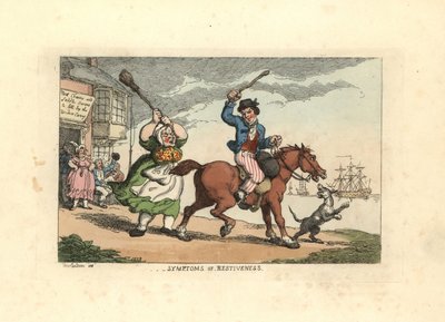 Mand slår en stædig hest med en knus, mens ejeren Wido af Thomas Rowlandson