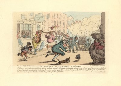 Mand, der jagter sin hat ned ad en mudret gade i kraftig vind. af Thomas Rowlandson