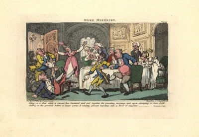 Mand falder ned af en ødelagt stol ved et middagsselskab. af Thomas Rowlandson